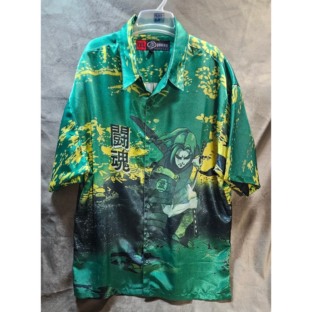 Vtg Y2K Barcode Anime Samurai All Over Print Shirt Green Men's 2XL Made in Korea